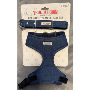 True Religion NEW LARGE Pet Harness and 6' Leash Set Blue Jean and Chrome
